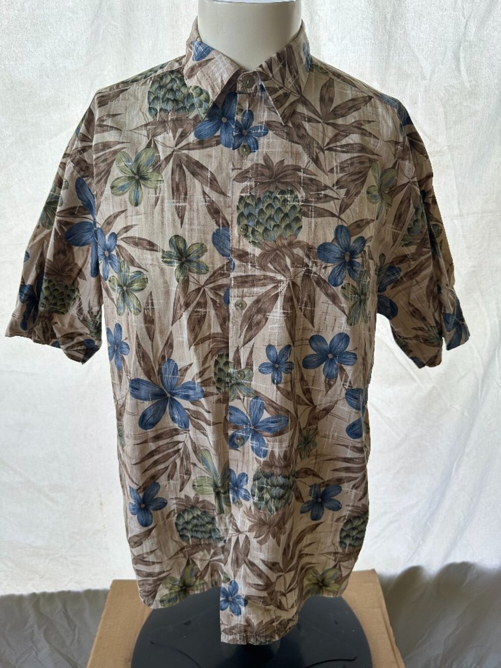 Campia Men's Pineapple Floral Design Hawaiian Shirt Large Blue Brown Green Cotto